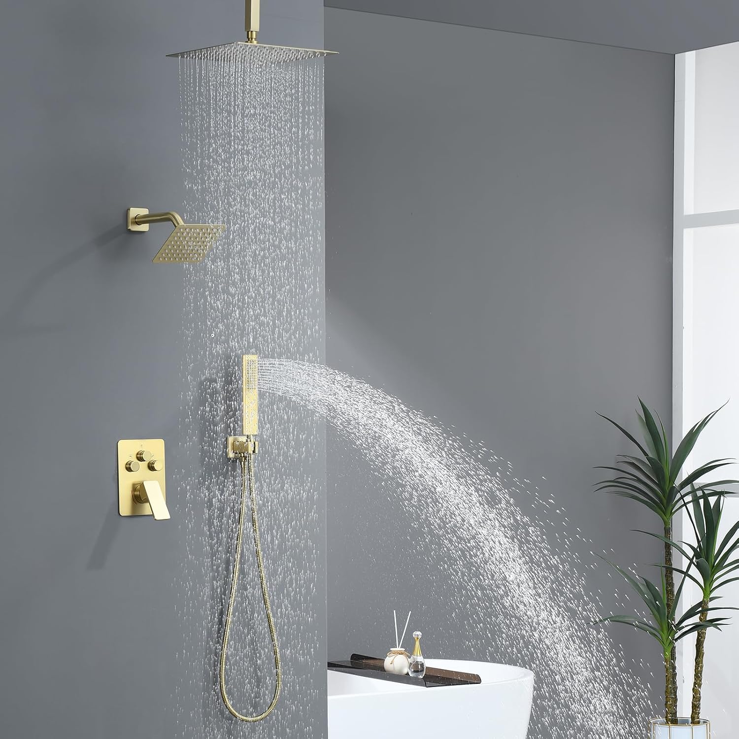 Shower Faucet Set, Brushed Gold Shower System with Rain Shower and Handheld Bathroom Ceiling 12 Inch Shower Set with Valve