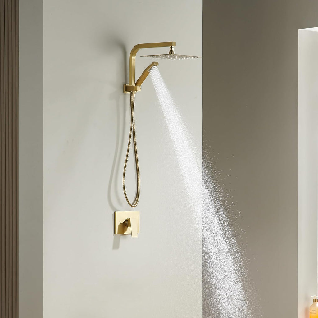 Brushed Gold Shower System with 10Inch Rain Shower Heads with Handheld Spray Combo, Gold Shower Faucet Set with Rain Shower and Handheld, Gold Shower Head and Handle Set(Shower Valve Kit Included)