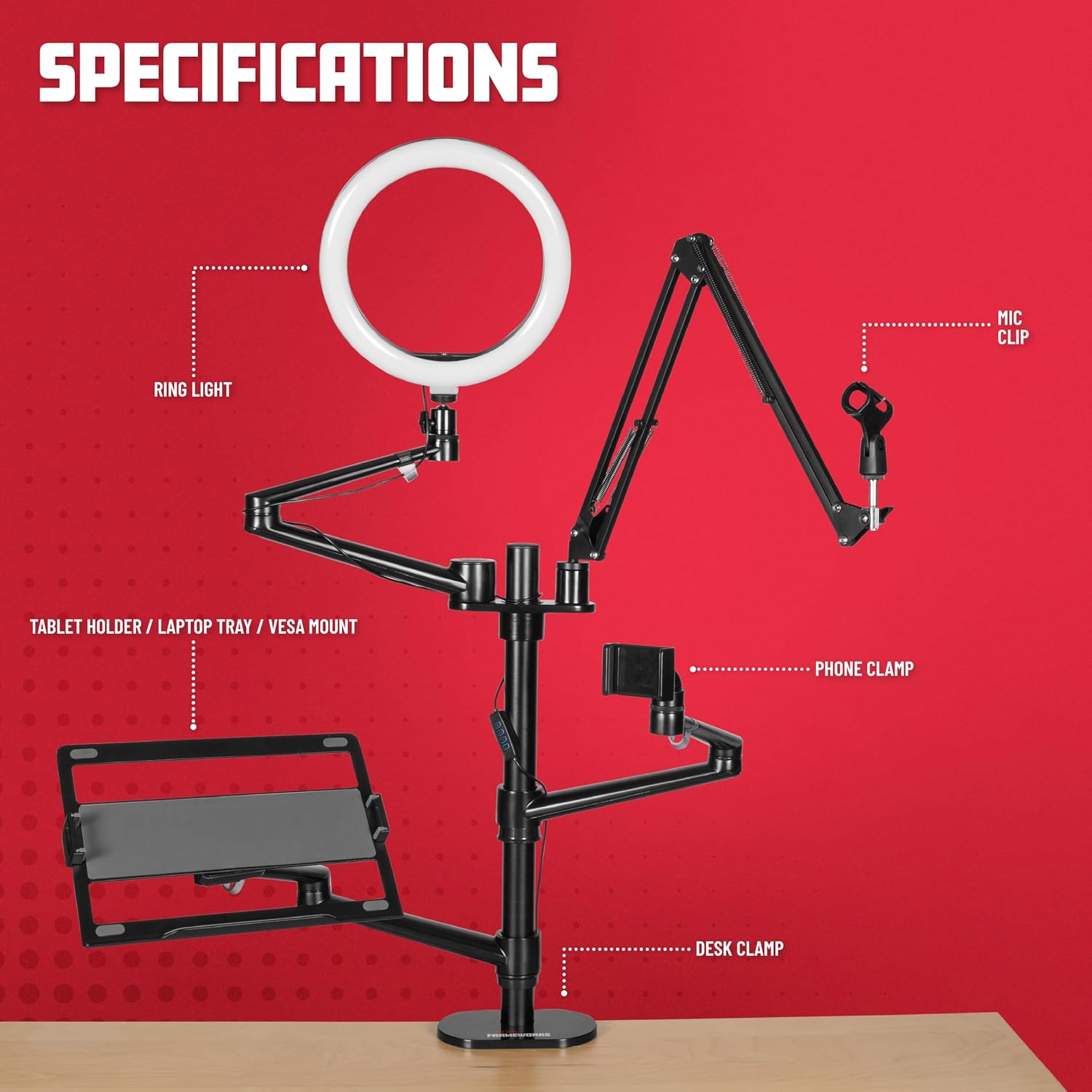 Gator Frameworks 6-in-1 Content Creator and Streaming Desktop Stand Set – Includes Smartphone Clamp, Laptop Clamp, Ring Light, and More! (GFW-STREAMSTAND)