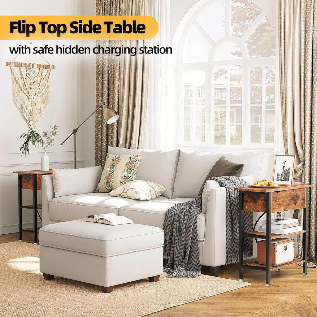 TooCust Flip Top End Table with Charging Station Set of 2, 12' D×21' W×26' H Small Side Tables with Storage & Shelves, Compact Side Table for Small Spaces, End Tables Living Room Set of 2, Brown