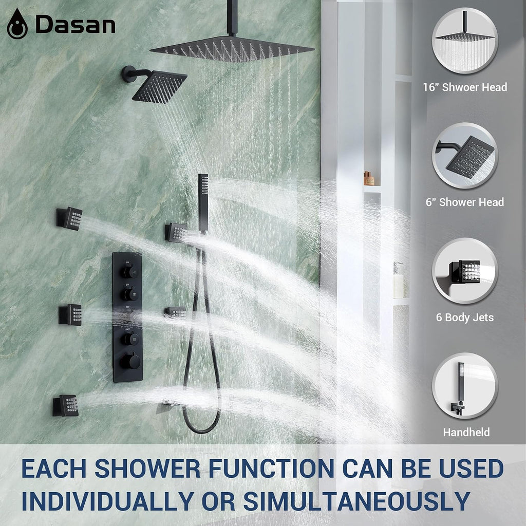 Dasan Thermostatic Dual Shower Head System with 6 Body Jets, 6-Inch Shower Head & 16' Rainfall Shower, Luxury Matte Black Shower Faucet Set Rain Shower Head System for Couples/ 2-Person