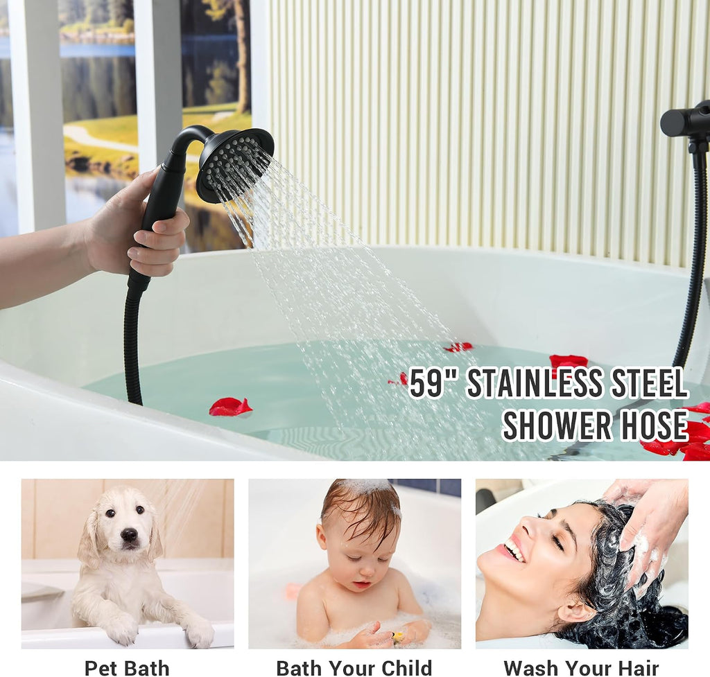 DASAN Antique Wall Mount Tub Filler Faucet with Hand Held Shower, Matte Black Bathtub Faucet with Sprayer Wall Mounted Roman Bath Tub Faucet Set with High Flow Rough in Valve, AT201TF-MB
