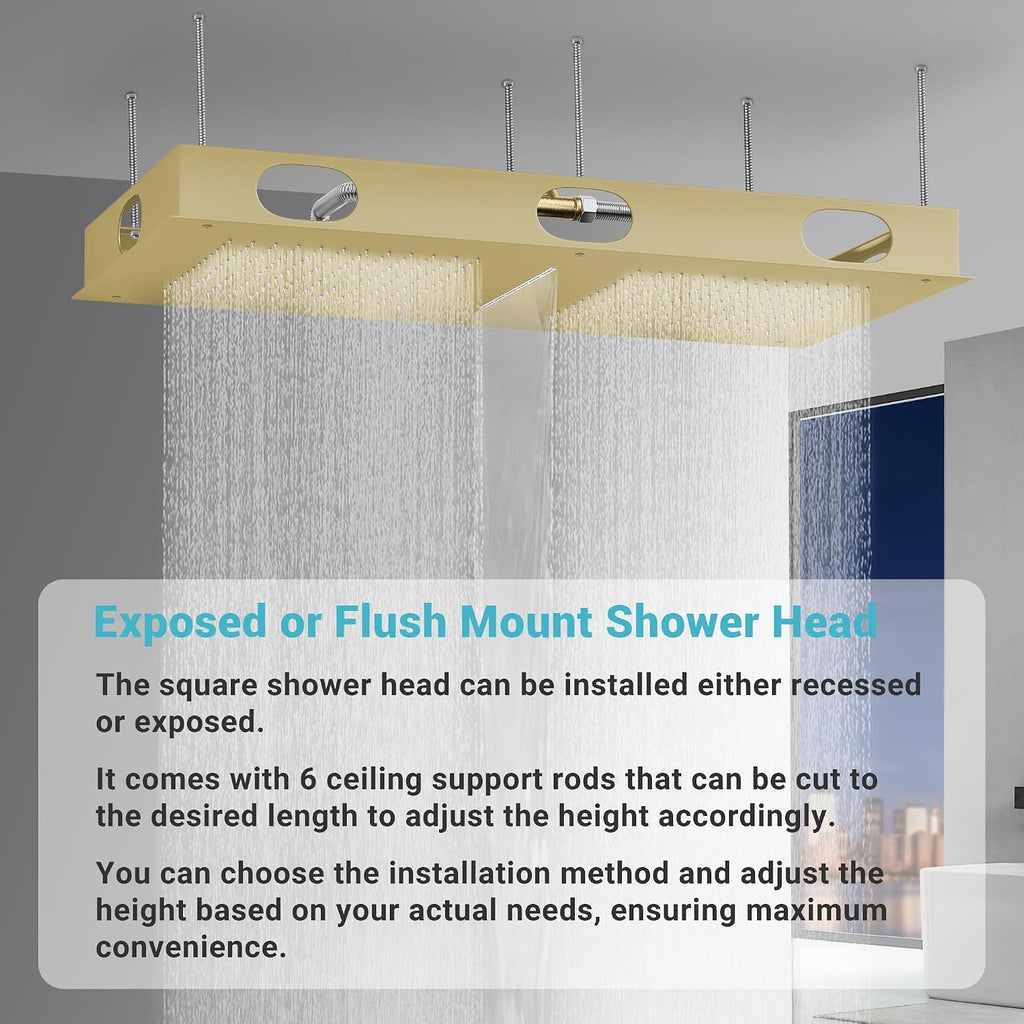 Luxury Dual-Zone Rain & Waterfall Shower Head for 2-Person, Brushed Gold Thermostatic Shower System with 32-Inch Flush Mount Shower, Full body Shower Faucet Set with Handheld Sprayer & 6 Jets