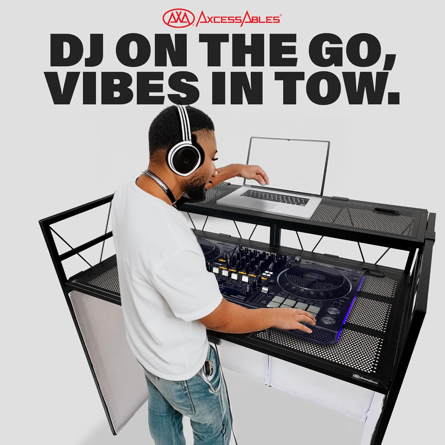 AxcessAbles Two-Tier Portable DJ Booth | Large DJ Table Stand w/ 43'x25' Desk Surface | 2 Ergonomic Table Heights | Black & White Facades, Carry Cases | DJ Laptop Controller Stand