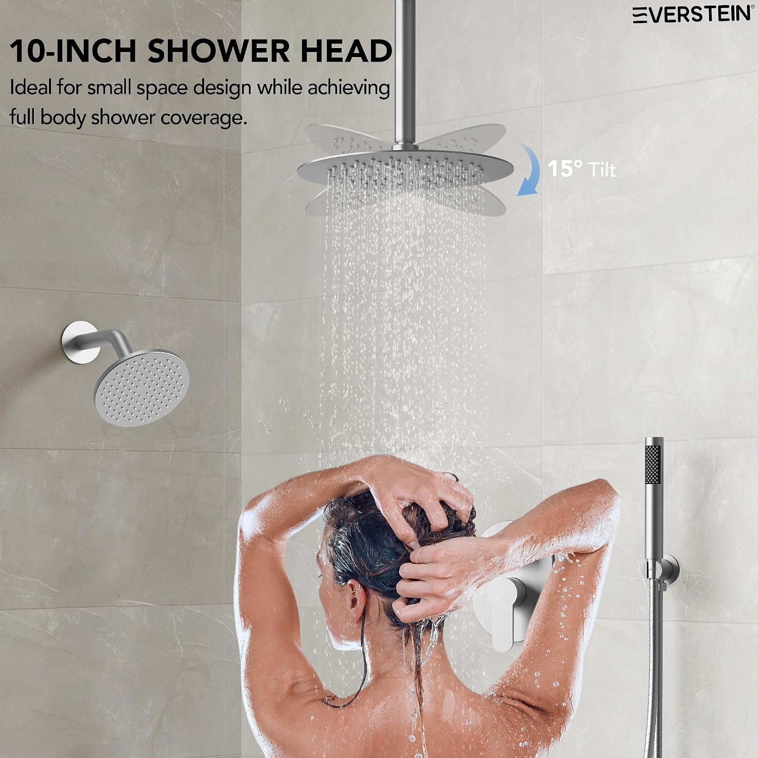 Ceiling Mount 10' High-Pressure Rainfall Shower Faucet, Dual Rainfall Shower Head System with Valve (Brushed Nickel)
