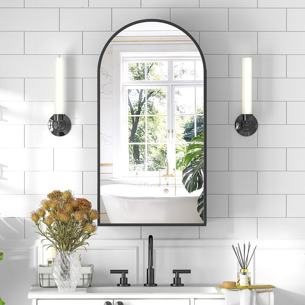 Arched Medicine Cabinet with Mirror, Brushed Black Wall Mounted Bathroom Mirror Cabinet, 3 Adjustable Shelves Storage, Reversible Door Opens Left to Right, Modern Metal Frame, 16 x 30 Inch