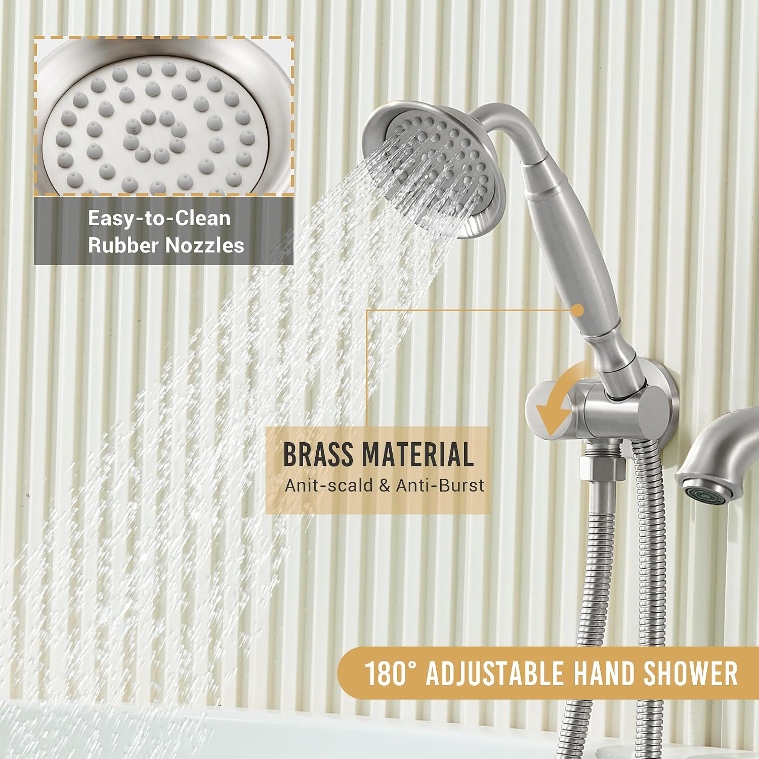 DASAN Antique Wall Mount Tub Filler Faucet with Hand Held Shower, Brushed Nickel Bathtub Faucet with Sprayer Wall Mounted Roman Bath Tub Faucet Set with High Flow Rough in Valve, AT201TF-BN