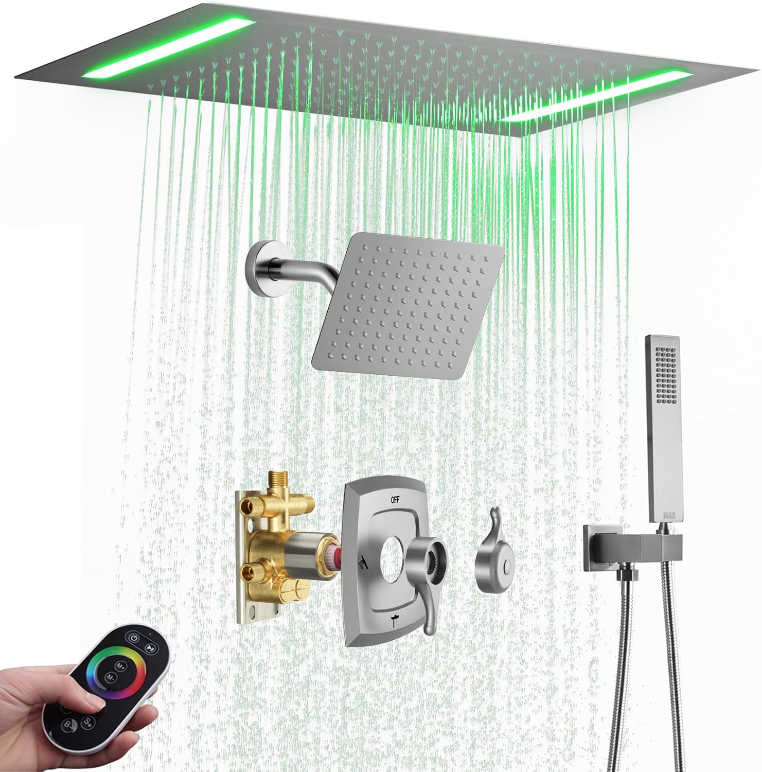 14 X 20 Inch Ceiling LED Rain Shower Head, Dual Rainfall Smart Shower System Set With 8 Inch Wall Head For Two People (Brushed Nickel)