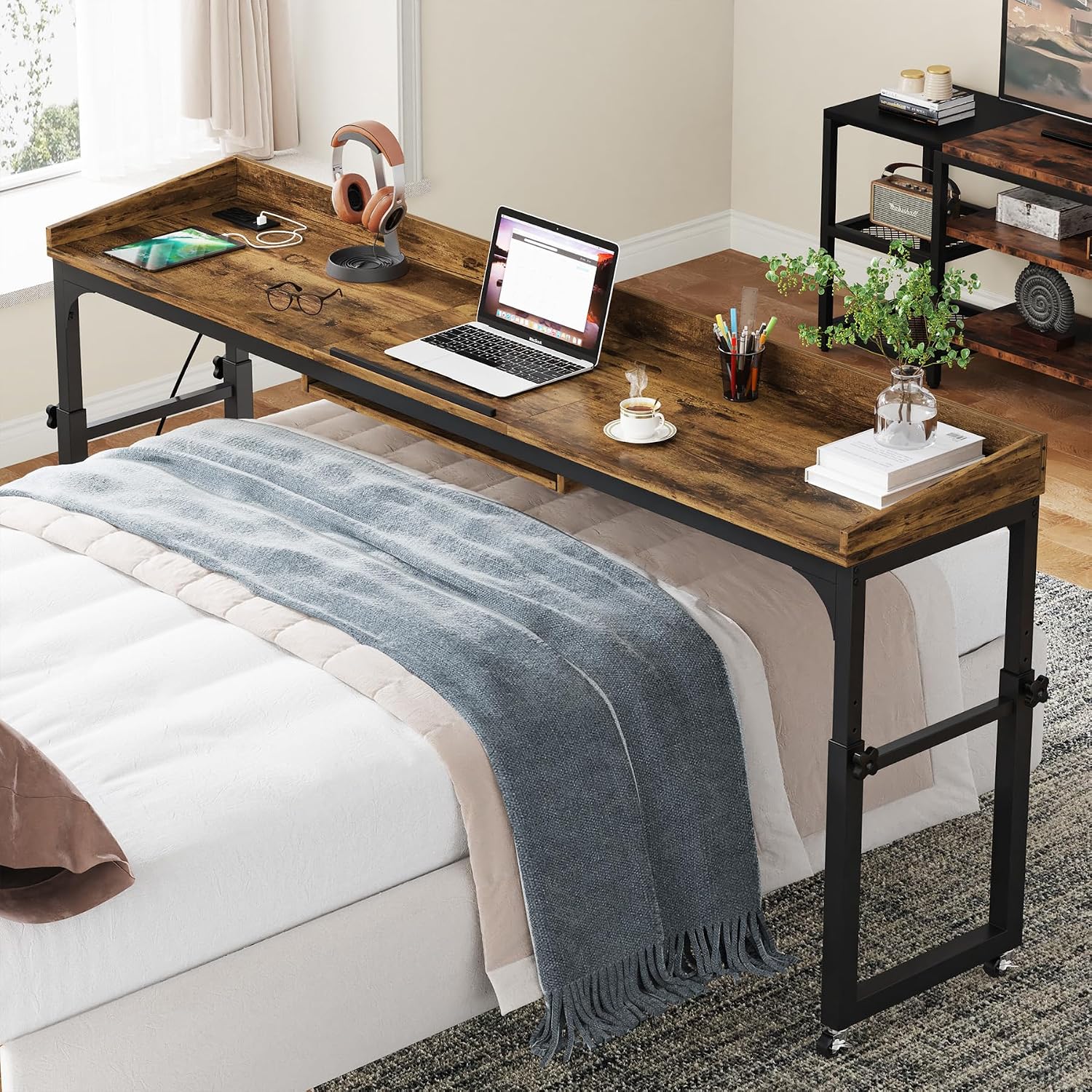 Tribesigns Height Adjustable Overbed Table with Wheels, Queen Size Over Bed Desk with Adjustable Tilt Stand, Mobile Laptop Cart Computer Desk with Outlets & USB Ports (Rustic Brown)