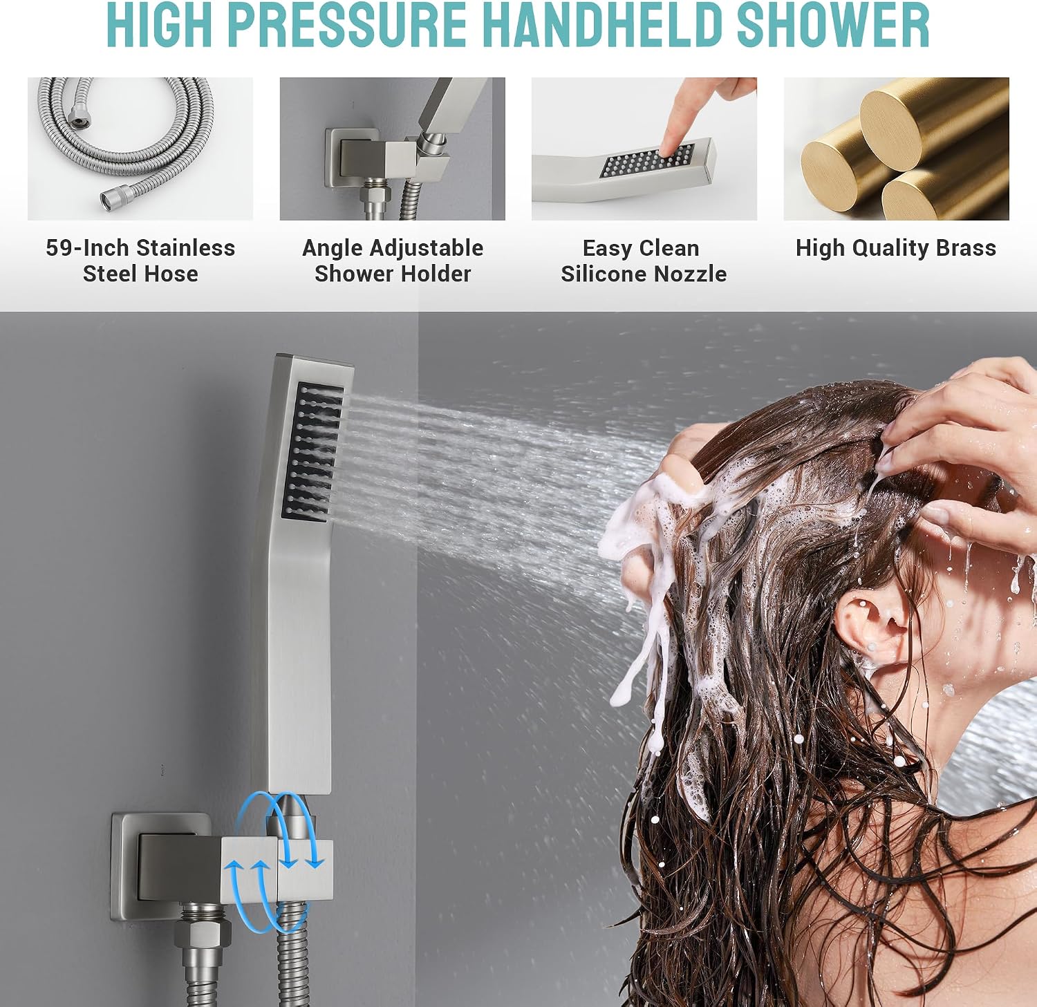 Thermostatic Shower System with 6 Body Jets & 16-Inch Ceiling Rainfall Shower Head Luxury Full Body Brushed Nickel Shower Faucet with Handheld Sprayer, Shower Fixtures Set with Valve and Trim