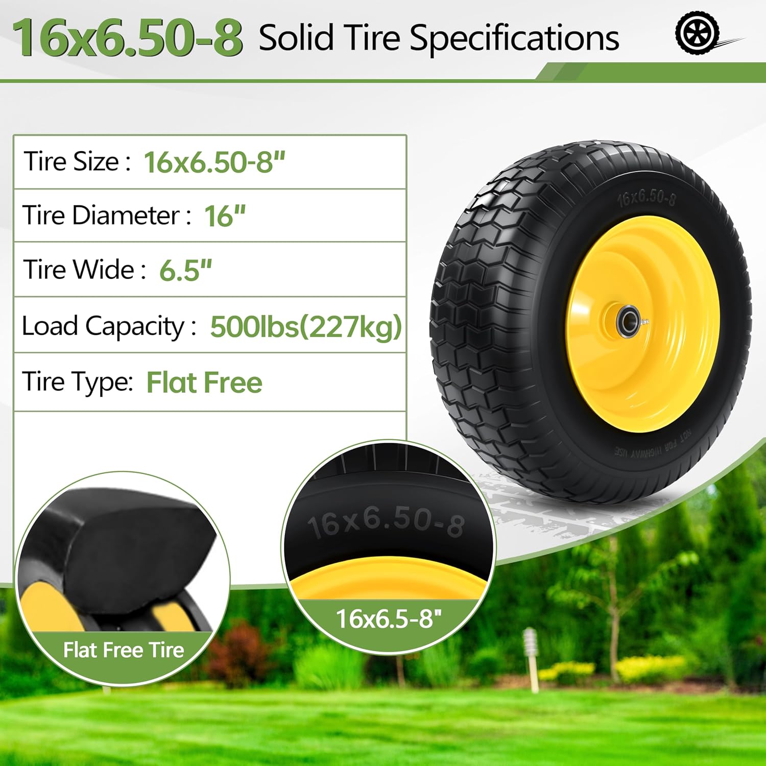 2 PCS 16x6.50-8 Flat Free Riding Lawn Mower Tire and Wheel with 1' Bushing, 3/4'Bearing，3-5'Offset Hub, Relacement 16x6.5-8 Solid Turf Tire with Rim for Lawn Mowers and Garden Tractor Front Assembly