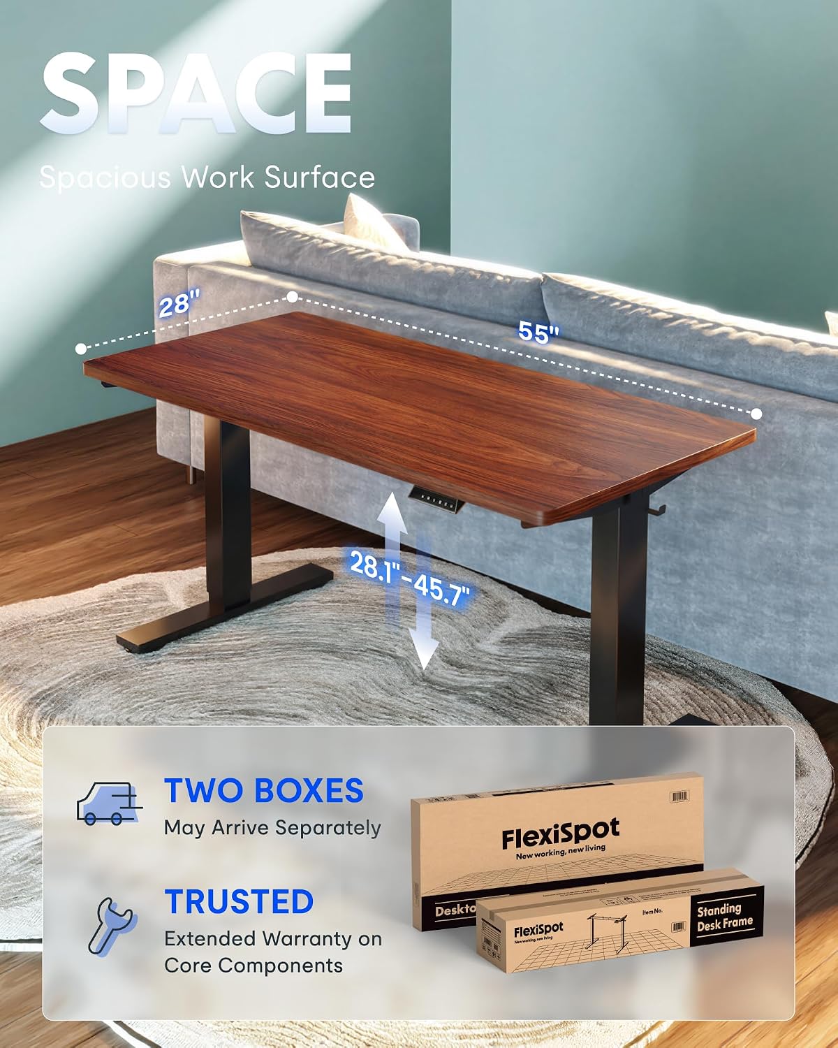 FLEXISPOT EN1 One-Piece Standing Desk, Electric Adjustable with 4 Memory Presets, 176 LBS Capacity, Stable & Quiet, Seamless Desktop for Home Office & Dual Monitors, 55'x28' Mahogany