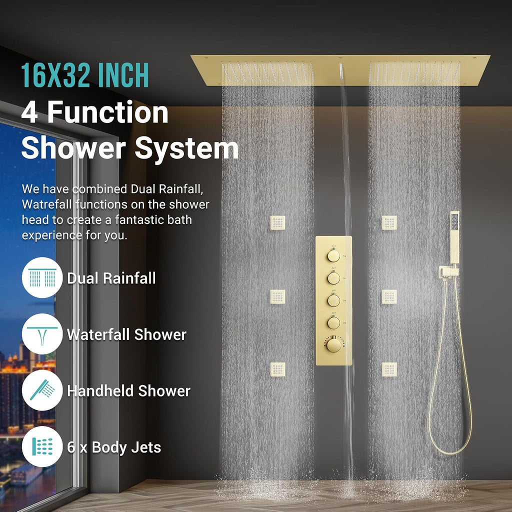 Luxury Dual-Zone Rain & Waterfall Shower Head for 2-Person, Brushed Gold Thermostatic Shower System with 32-Inch Flush Mount Shower, Full body Shower Faucet Set with Handheld Sprayer & 6 Jets