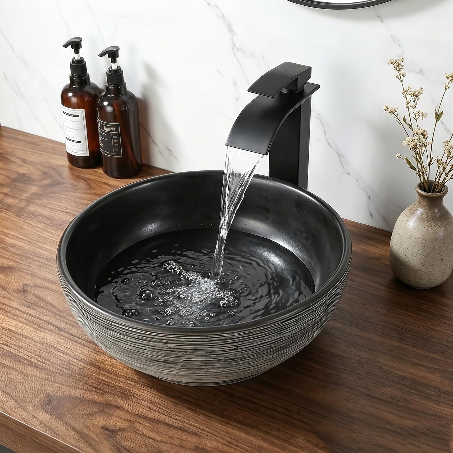 14 Inch Black Round Bathroom Vessel Sink with Waterfall Faucet and Pop-Up Drain Combo,Ceramic Vessel Sink Above Counter Round Bathroom Sink Bowl,Small Sink for Bathroom