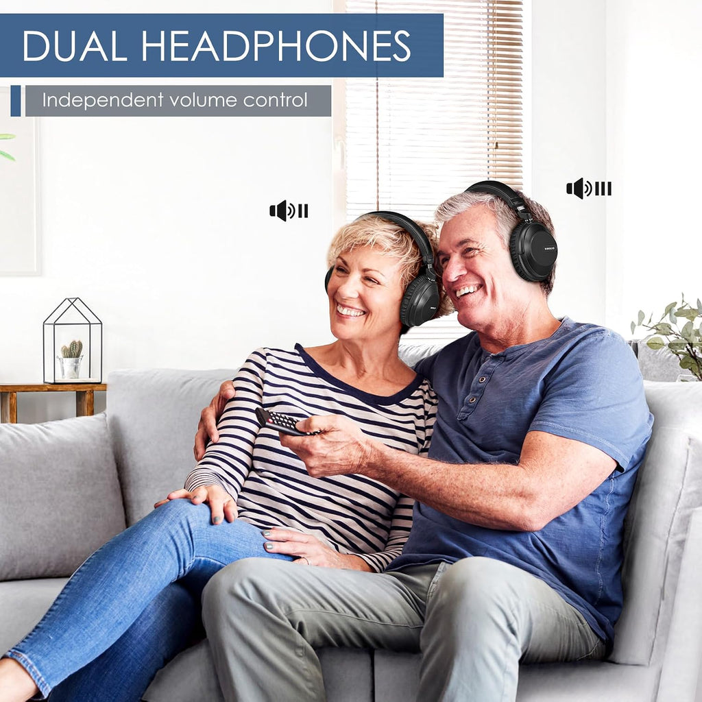 SIMOLIO 737D Plus Wireless Headphones for TV Watching, By-Pass to Soundbar, Cinema & Clear Dialog Modes, Volume Boosted Dual Headphones Bluetooth for Seniors, No Delay, TV & Bluetooth Mode, 164FT/50M