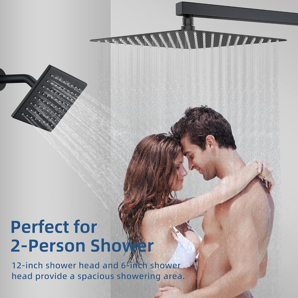 Thermostatic Dual Shower System with Wall Mount 12-Inch Rainfall Shower & 6-Inch Shower Head, Matte Black Bathroom Dual Shower Heads Faucet Set with High Pressure Handheld Sprayer
