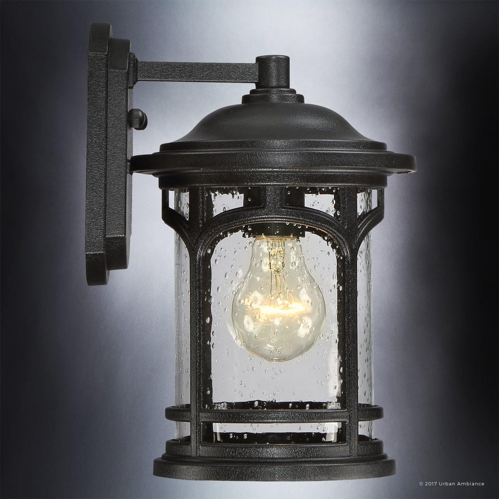 Urban Ambiance Luxury Rustic Outdoor Wall Light, Small Size: 11' H x 7' W, with Colonial Style Elements, Wrought Iron Design, High-End Black Silk Finish and Seeded Glass, UQL1100