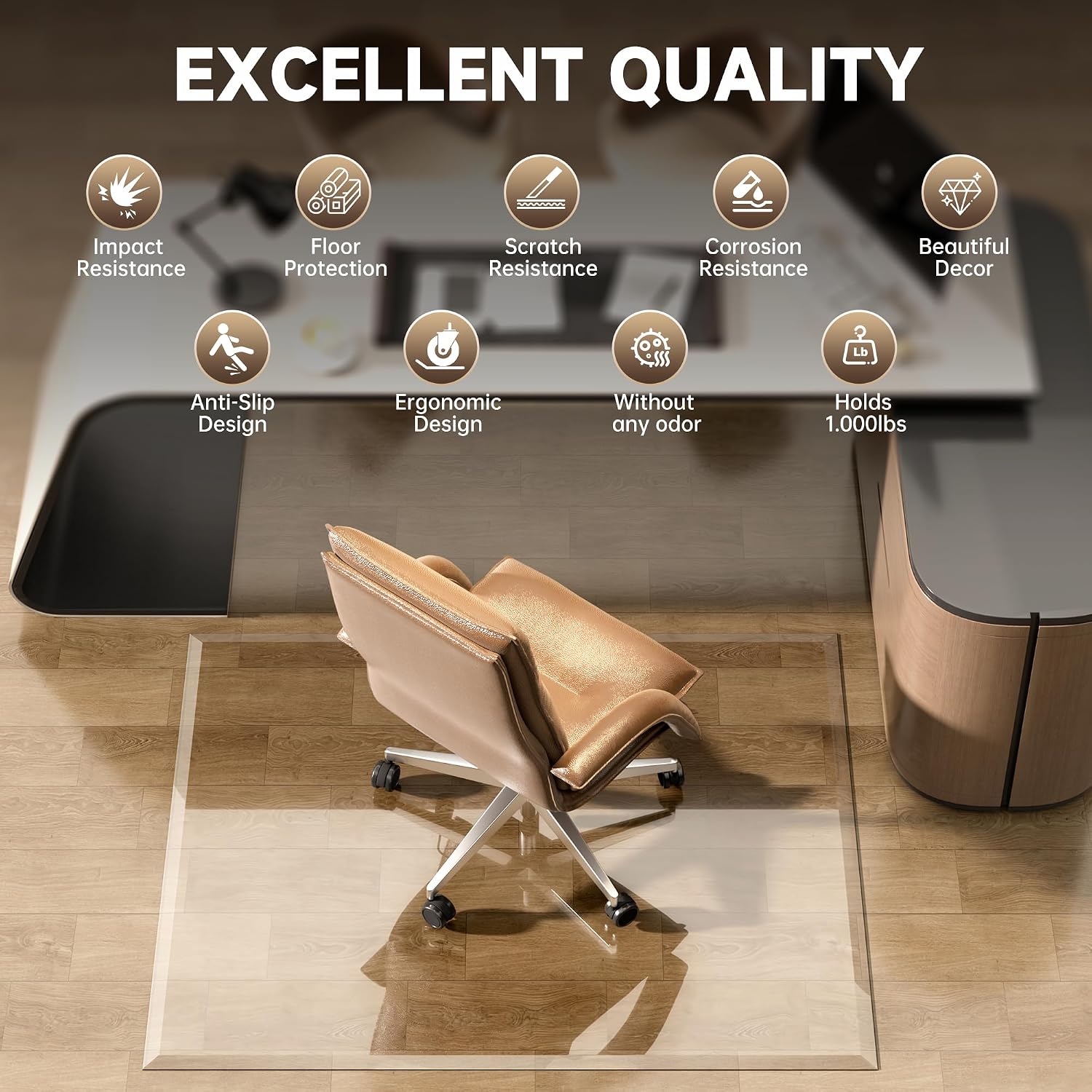 [Tempered Glass] 50' x 44' Beveled Edge Glass Chair Mat with Polished Edge Clear Office Chair Mat, Glides Smoothly, Suitable for Carpet or Hardwood Floors