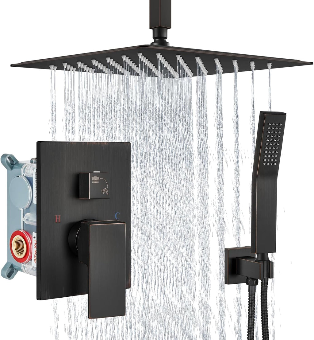 Aolemi Ceiling Mount Shower System Rain Shower Head with Handheld Spray High Pressure Shower Faucet Set Rough-in Valve Shower Trim Kit Included Bathroom Oil Rubbed Bronze 16 Inch Ceiling Shower Head