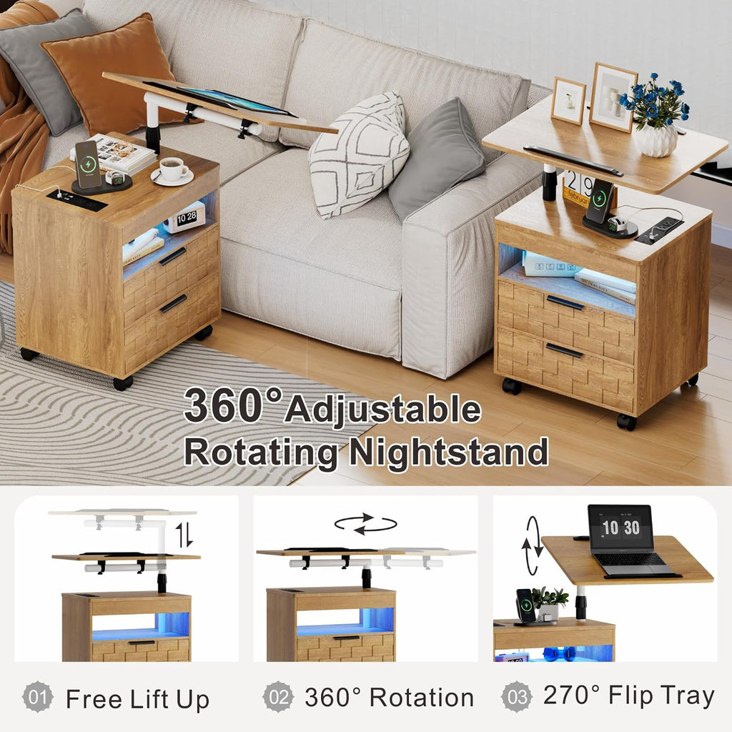 Lareth Height Adjustable Nightstand with Charging Station, LED Bedside Table 2 Drawers, Smart Wooden End Table Dorm Rolling Side Table Laptop Workstaion with Wheels for Bedroom, Natural