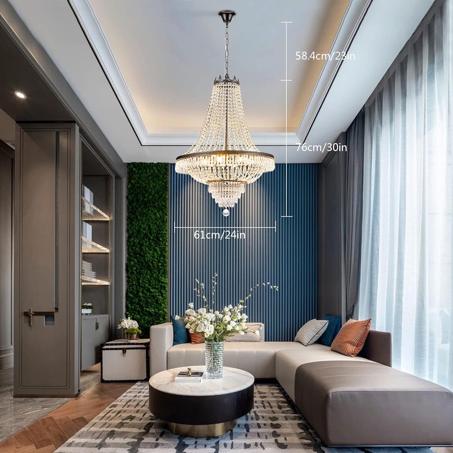 9 Light Modern Crystal Chandelier French Empire Pendant Light D24 x H30inch