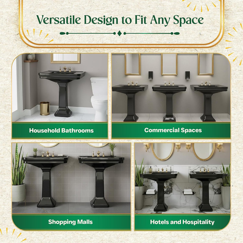 Renovators Supply Manufacturing Victorian 32' W x 34.5' H x 22' Proj. Large Bathroom Black Pedestal Sink, Vitreous China, with Overflow, Compatible with 8 in. Widespread Faucets