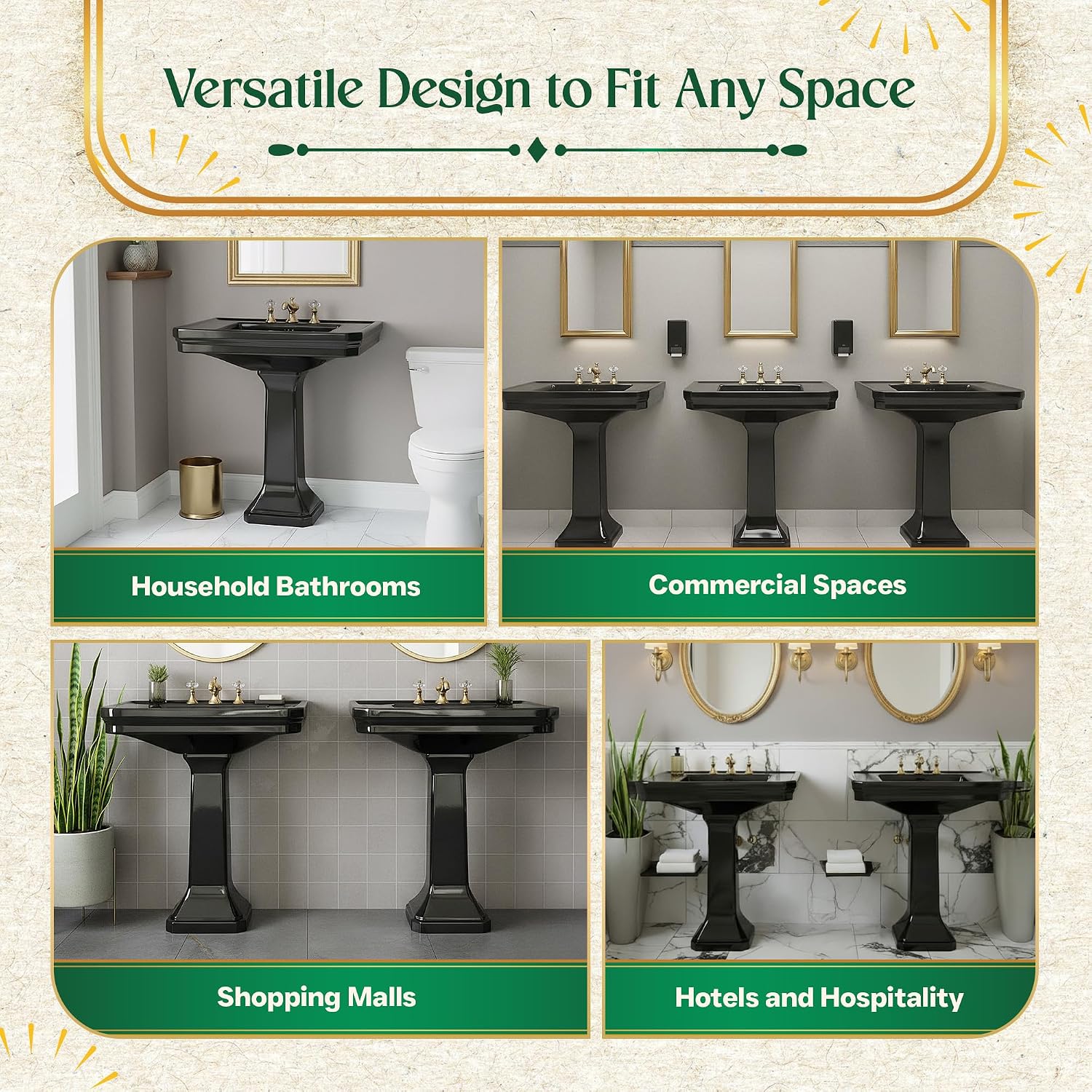 Renovators Supply Manufacturing Victorian 32' W x 34.5' H x 22' Proj. Large Bathroom Black Pedestal Sink, Vitreous China, with Overflow, Compatible with 8 in. Widespread Faucets