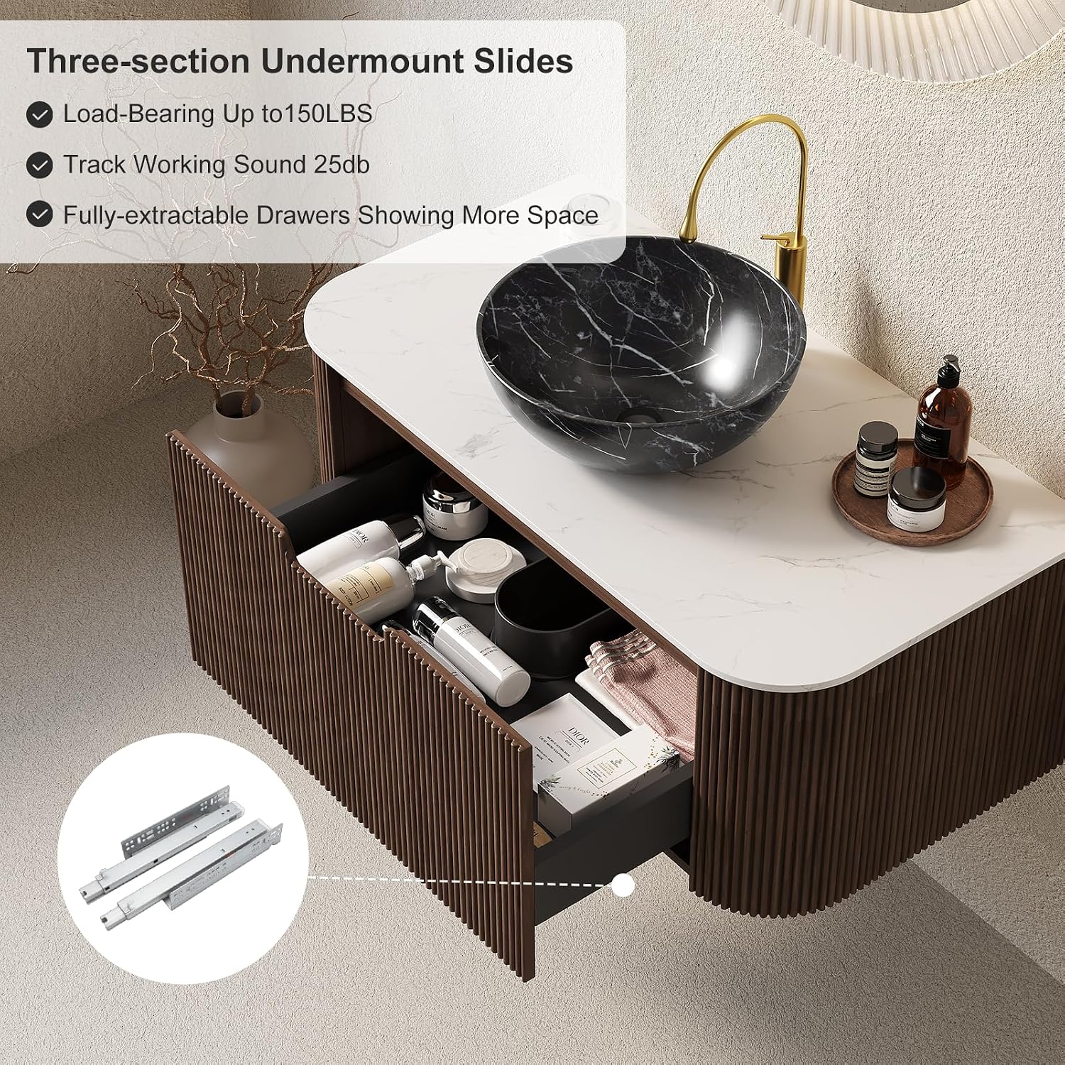 24' Floating Bathroom Vanity with Sink, Modern Wall-Mounted Bathroom Cabinet with Ultra-Thin Ceramic Black Basin and Marble Top, Extra Large Storage Drawer, Soft-Close Design, Dark Walnut