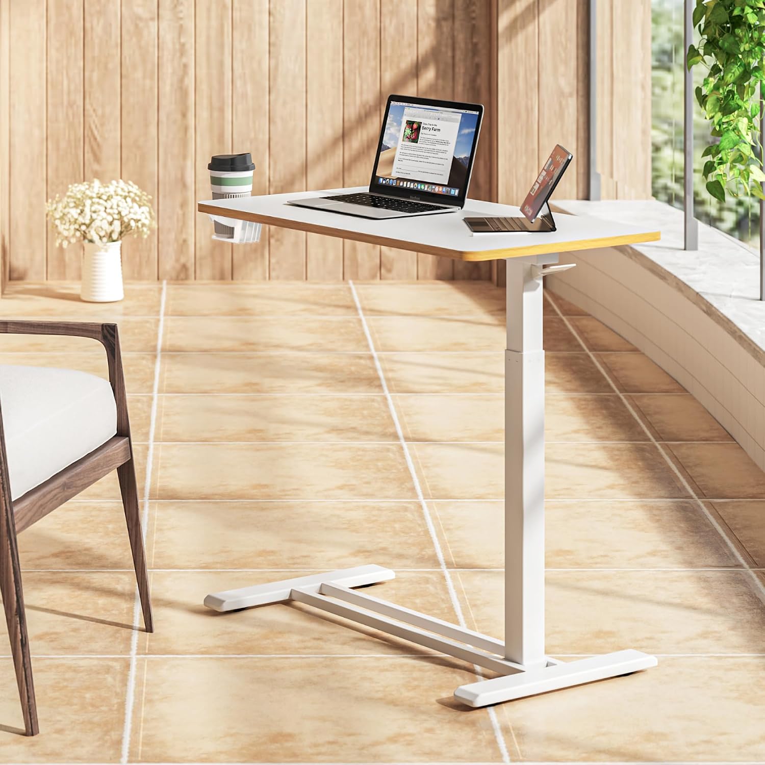 SANODESK Medical Adjustable Overbed Bedside Table with Hidden Casters, Pneumatic Mobile Laptop Computer Standing Desk Cart with Tray, Hospital and Home Use(31.5' W x 17.7' D, White)