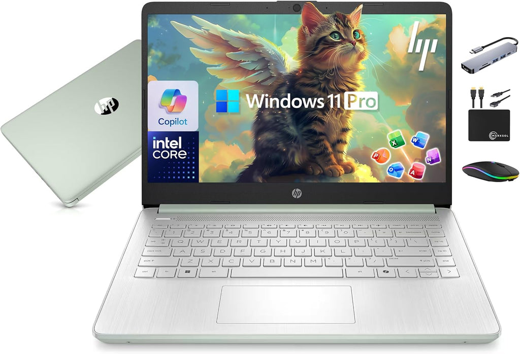 HP 14' Laptop Computer 2025-2026 Business Student, Copilot AI, Lifetime Office, 4-Core Intel CPU, 8GB RAM, 628GB Storage (128GB UFS +500GB Ext), Wi-Fi 6, 10+ Hrs, MarxsolAccessory, Win 11 Pro, Green