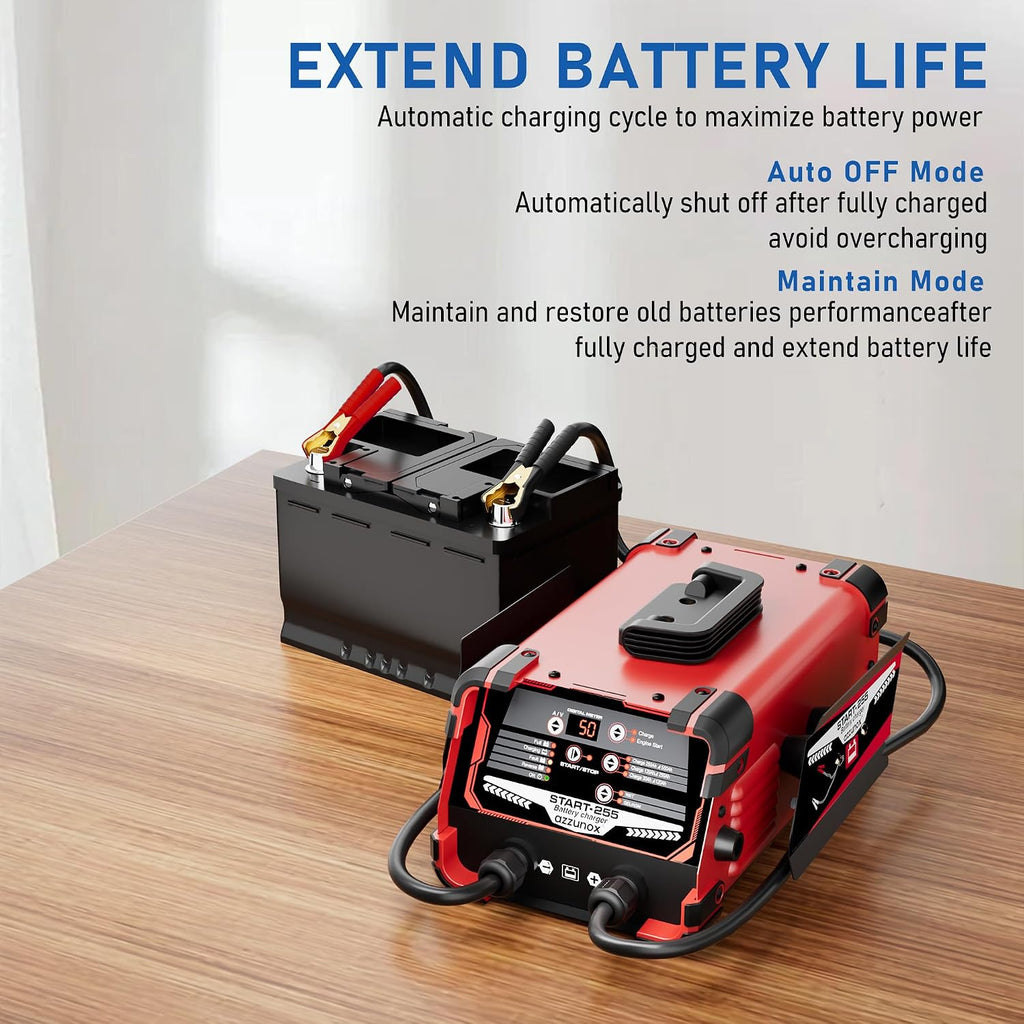 12V 24V Car Battery Charger & Engine Starter, Up to 50A Automatic Battery Maintainer, 250 Cranking Amps, Jump Starter & Smart Trickle Charger
