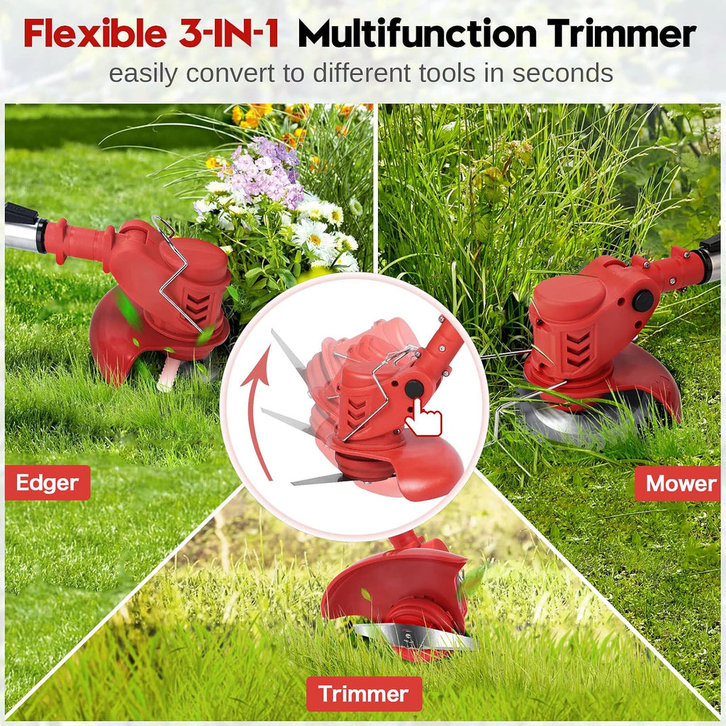 Cordless Weeder Mower Battery Powered 21V 2000mAh, Electric Weeder Brush Cutter, Height Adjustable Edge Trimmer mini Mower 3-in-1 Cutting Tool, 8 Blades, 1 Wheel, 2 Batteries, 1 Charger