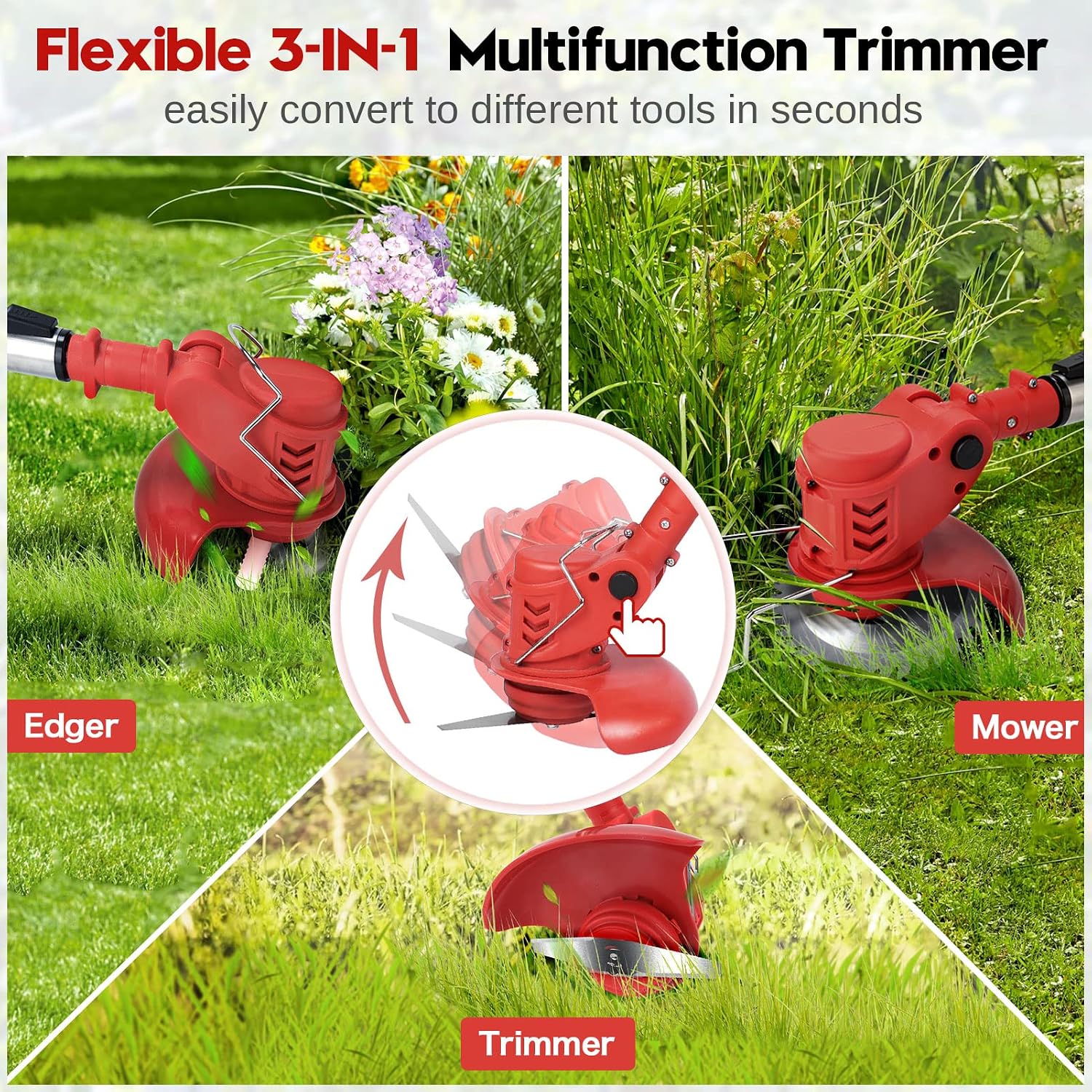 Cordless Weeder Mower Battery Powered 21V 2000mAh, Electric Weeder Brush Cutter, Height Adjustable Edge Trimmer mini Mower 3-in-1 Cutting Tool, 8 Blades, 1 Wheel, 2 Batteries, 1 Charger