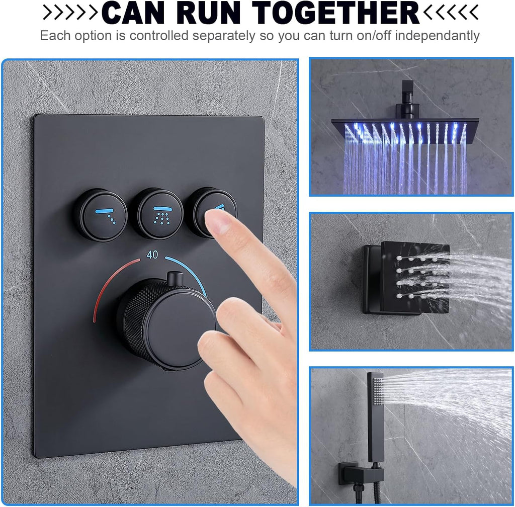 Enga Thermostatic Shower System with Body Jets (Use All Functions At A Time), Ceiling Mounted 12 Inch LED Rain Shower with 6 Body Spray Jets and Handheld Shower Faucet Set, Matte Black