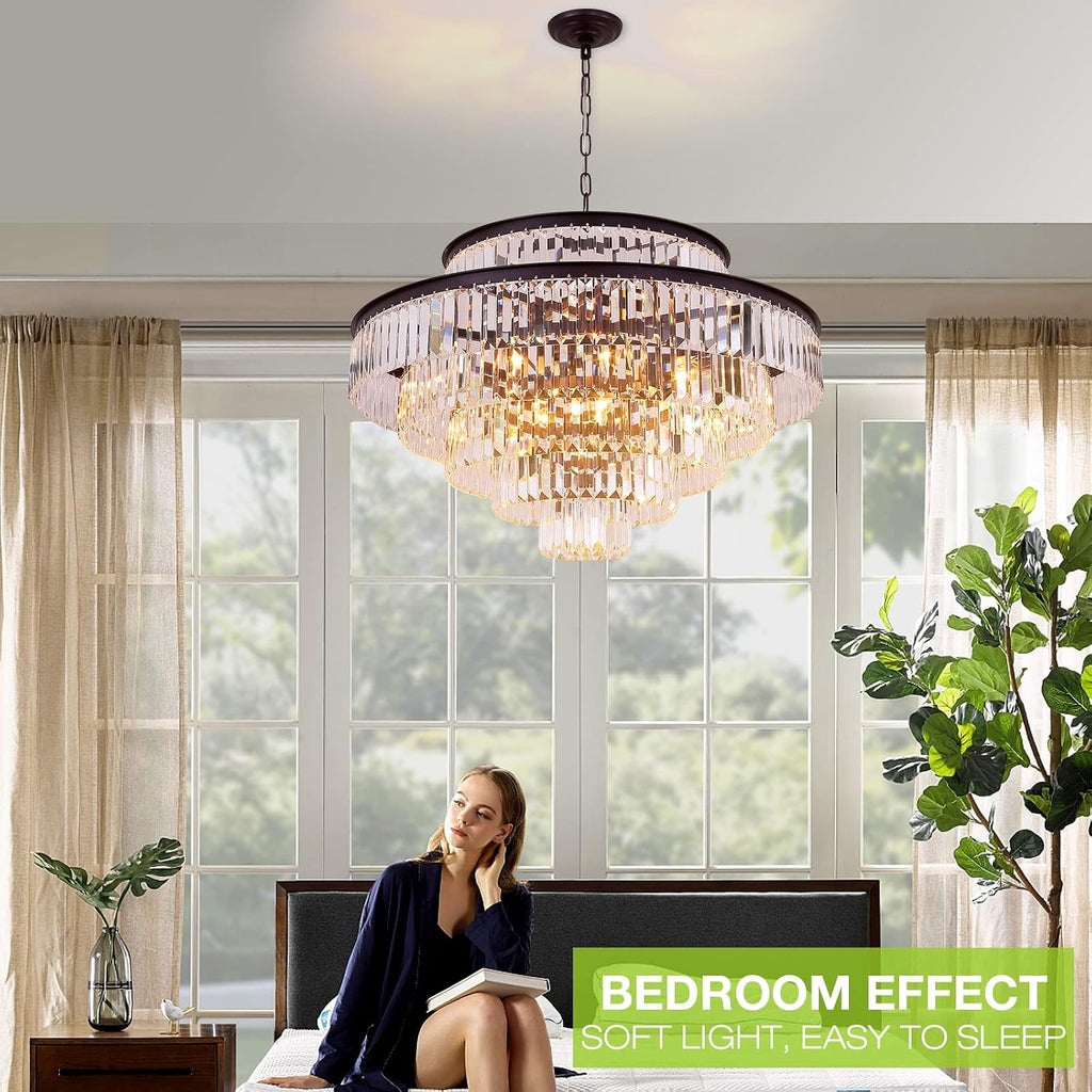31' Black Crystal Chandelier, Modern 6-Tier Ceiling Light with Clear Crystal Prisms, Luxury Pendant Lighting for Dining Room Entryway