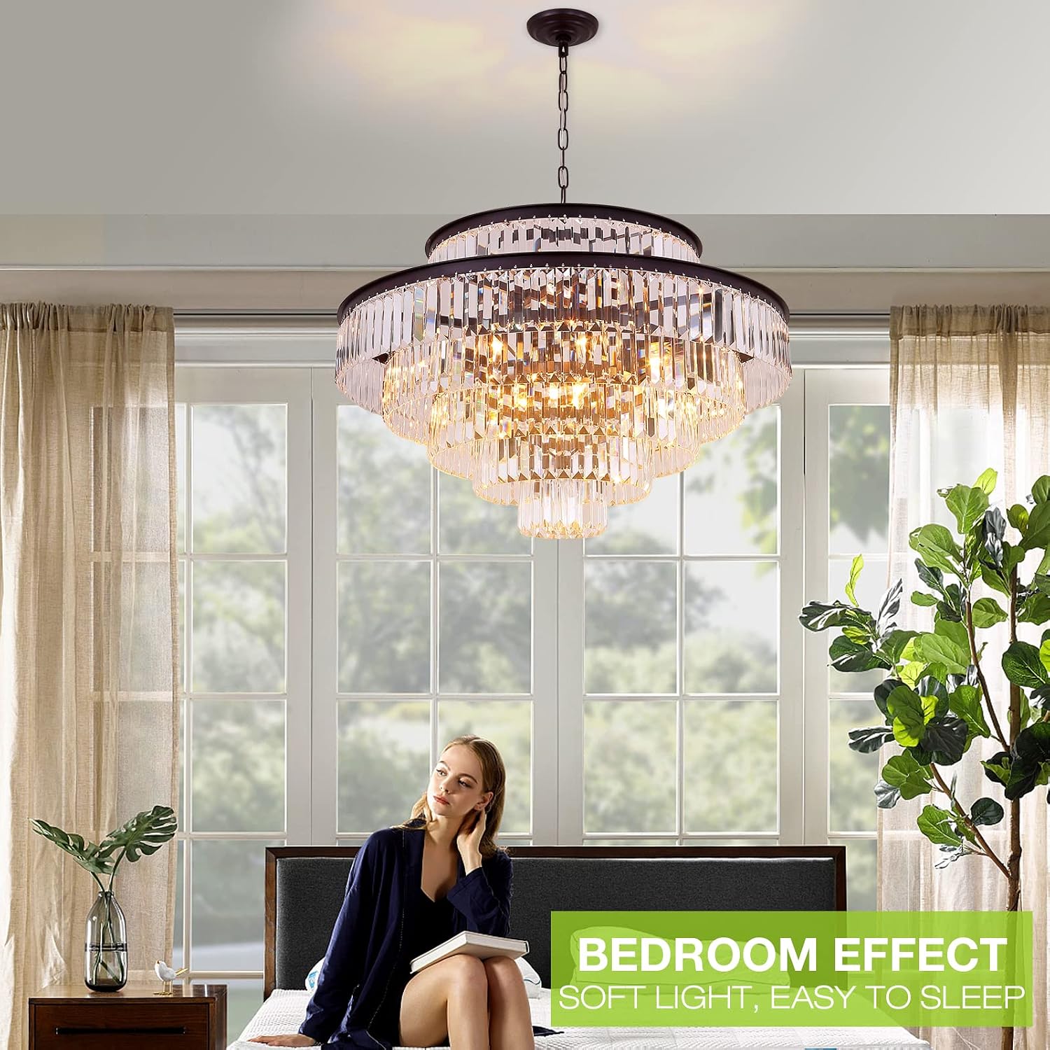 31' Black Crystal Chandelier, Modern 6-Tier Ceiling Light with Clear Crystal Prisms, Luxury Pendant Lighting for Dining Room Entryway