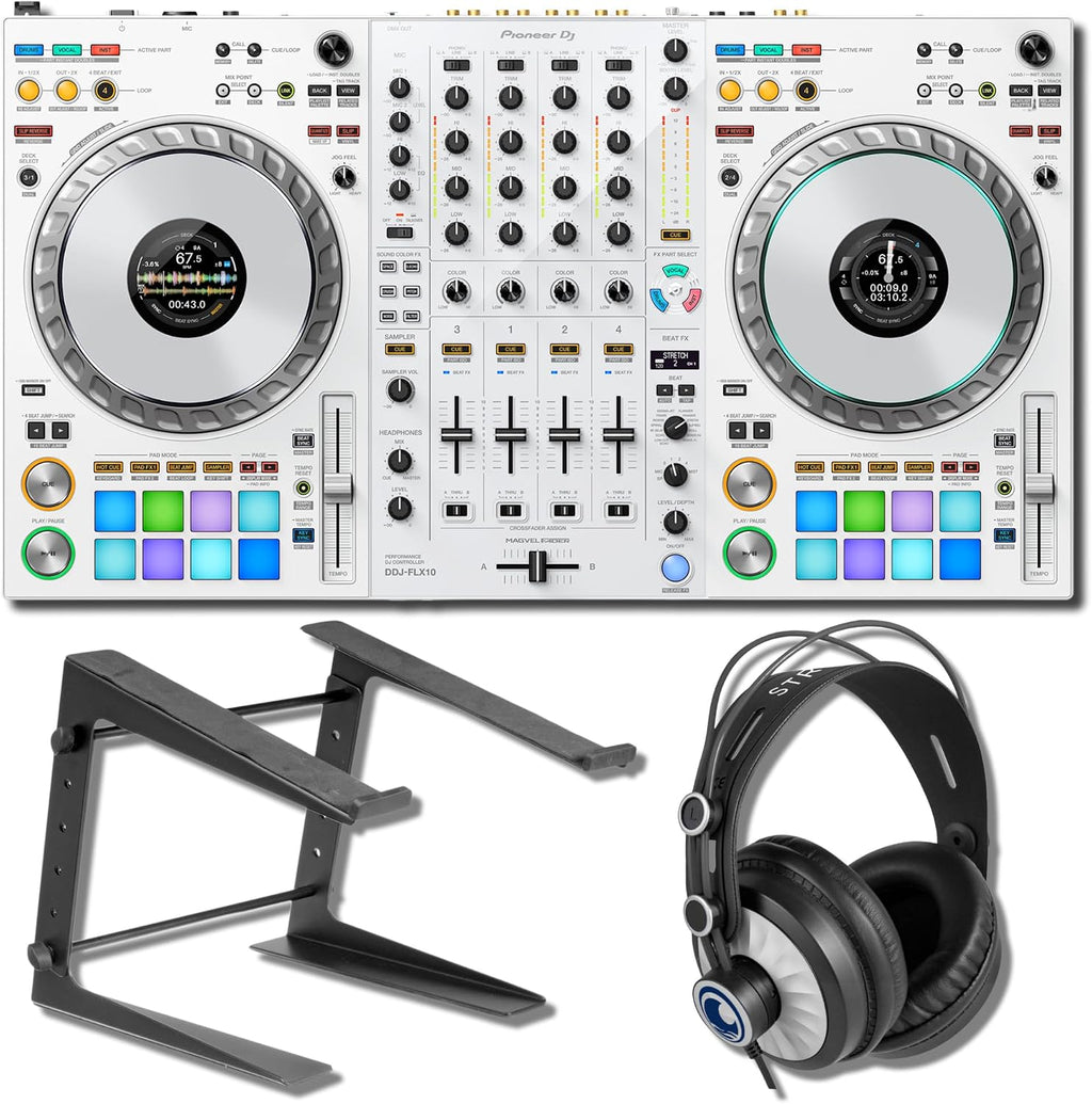 Pioneer DDJ-FLX10-W 4-Channel DJ Controller Bundle with StreamEye Cans50 Headphones and On-Stage LPT5000 Laptop Stand — STEMS, DMX Lighting, Dual USB-C, rekordbox and Serato