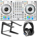 Pioneer DDJ-FLX10-W 4-Channel DJ Controller Bundle with StreamEye Cans50 Headphones and On-Stage LPT5000 Laptop Stand — STEMS, DMX Lighting, Dual USB-C, rekordbox and Serato