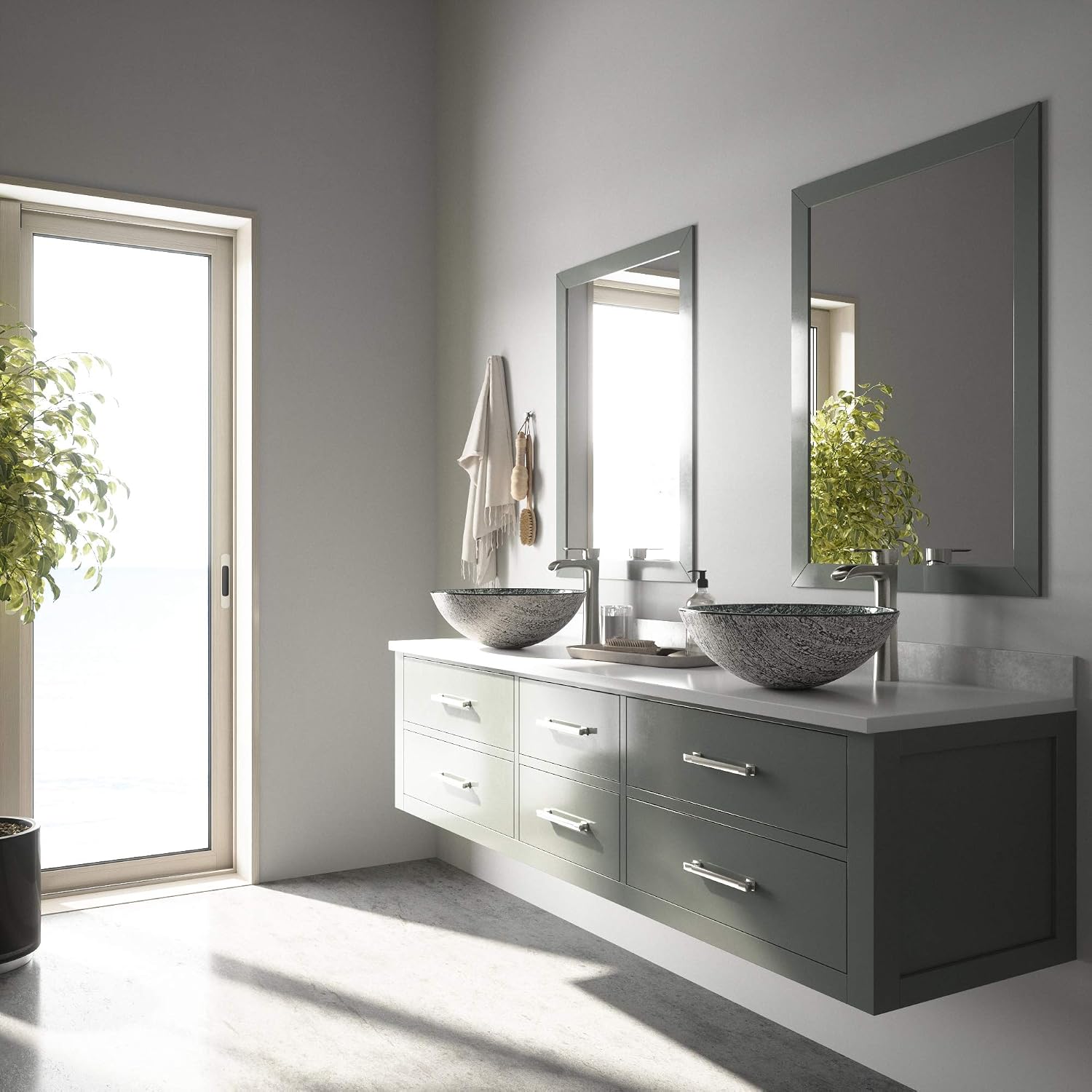 Vigo Vessel Sink Slate Grey - 17' Artistic Round Bowl Sink for Bathrooms, Tempered Glass Above Counter Bathroom Sink with NonStickShield, QuickDrain & TempGuard, Modern Luxury Design