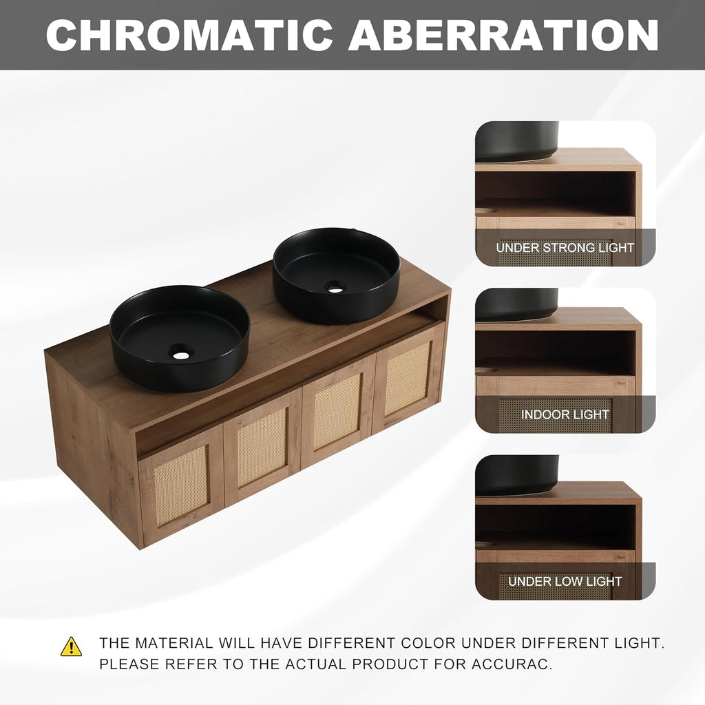 48'' Floating Bathroom Vanity, Double Sink Bathroom Vanity, Black Ceramic Double Vanities Sink for Bathrooms with Soft Close Doors, Modern Bathroom Sink Cabinet, Plywood, Imitative Oak