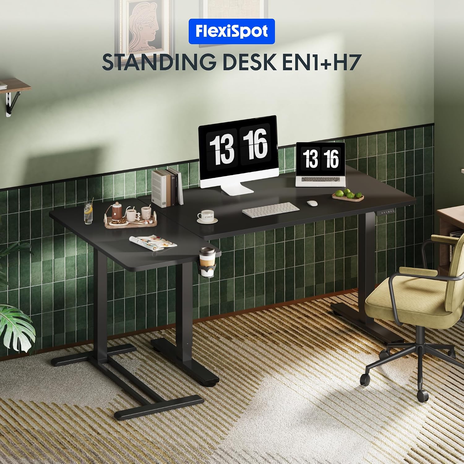 FLEXISPOT H7 Adjustable Overbed Bedside Table with Wheels Pneumatic Mobile Standing Desk Laptop Desk Rolling Computer Cart Movable Overbed Table Hospital Home Use(31.5' W x 17.7' D, Black Large)