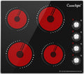 24 Inch Electric Cooktop, 4 Burner Ceramic Stove with 9 Power Levels, Knob Control, Auto shutdown and Residual Heat Warning, 6000W, 220-240V for Hard Wire