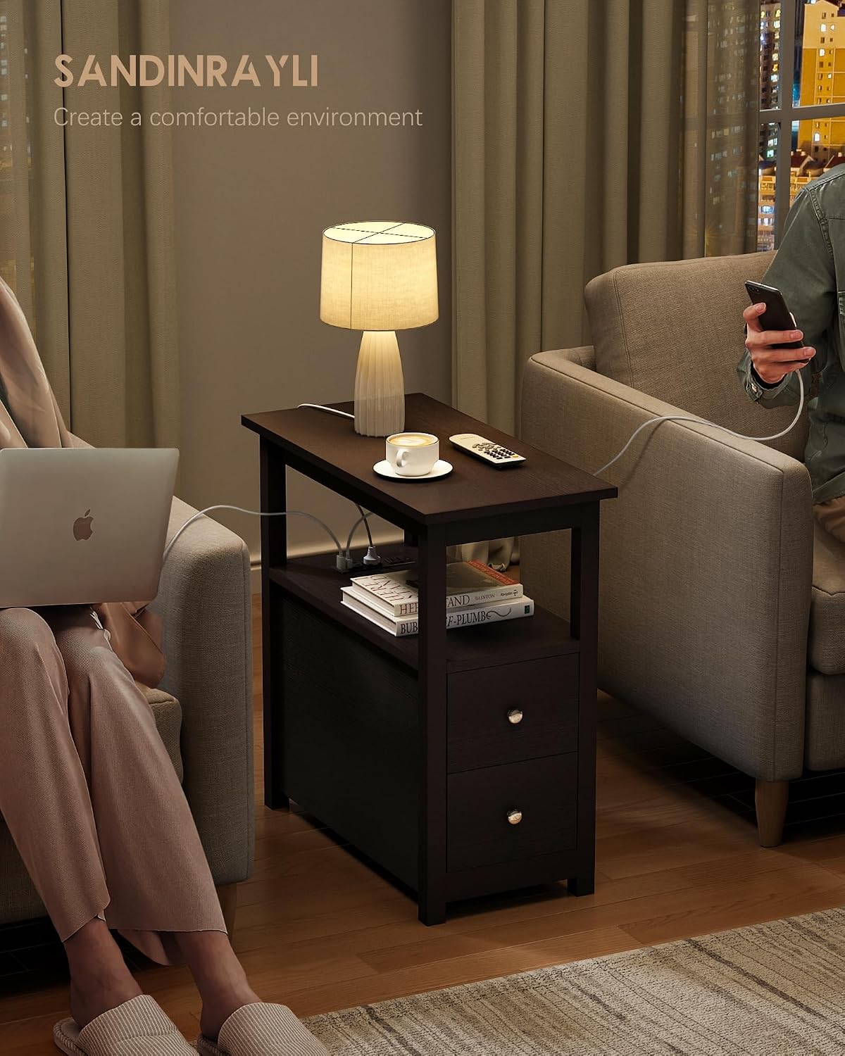3-Tier Side Table Slim Sofa End Table with 2 Drawers and 1 Open Shelf Narrow Space for Living Room, Espresso Power (Outlets and USB Ports Included) Set of 2