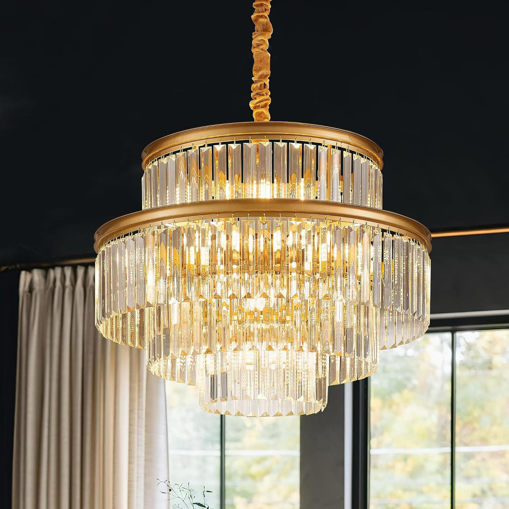 21.6' 14-Light Modern Crystal Chandelier Light Fixtures 4-Tier Gold Luxury Chandeliers for Dining Room Round Hanging Pendant Lighting for Living Room Kitchen Entryway Bedroom Foyer Hallway