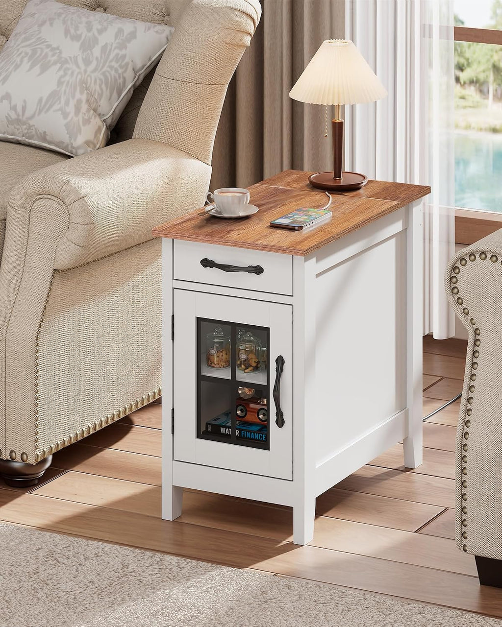 WLIVE End Table with Charging Station, Narrow Side Table for Living Room, Farmhouse Night Stand with Storage, Small Wooden Cabinet Nightstand with USB Ports and Outlets, 23.7' D x 13.78' W x 23.7' H