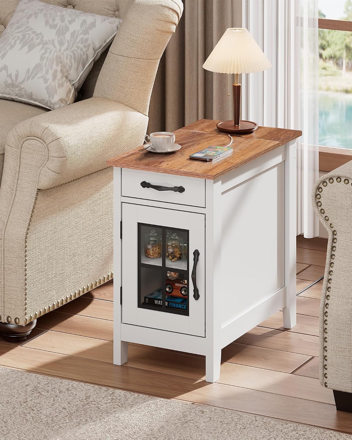 WLIVE End Table with Charging Station, Narrow Side Table for Living Room, Farmhouse Night Stand with Storage, Small Wooden Cabinet Nightstand with USB Ports and Outlets, 23.7' D x 13.78' W x 23.7' H