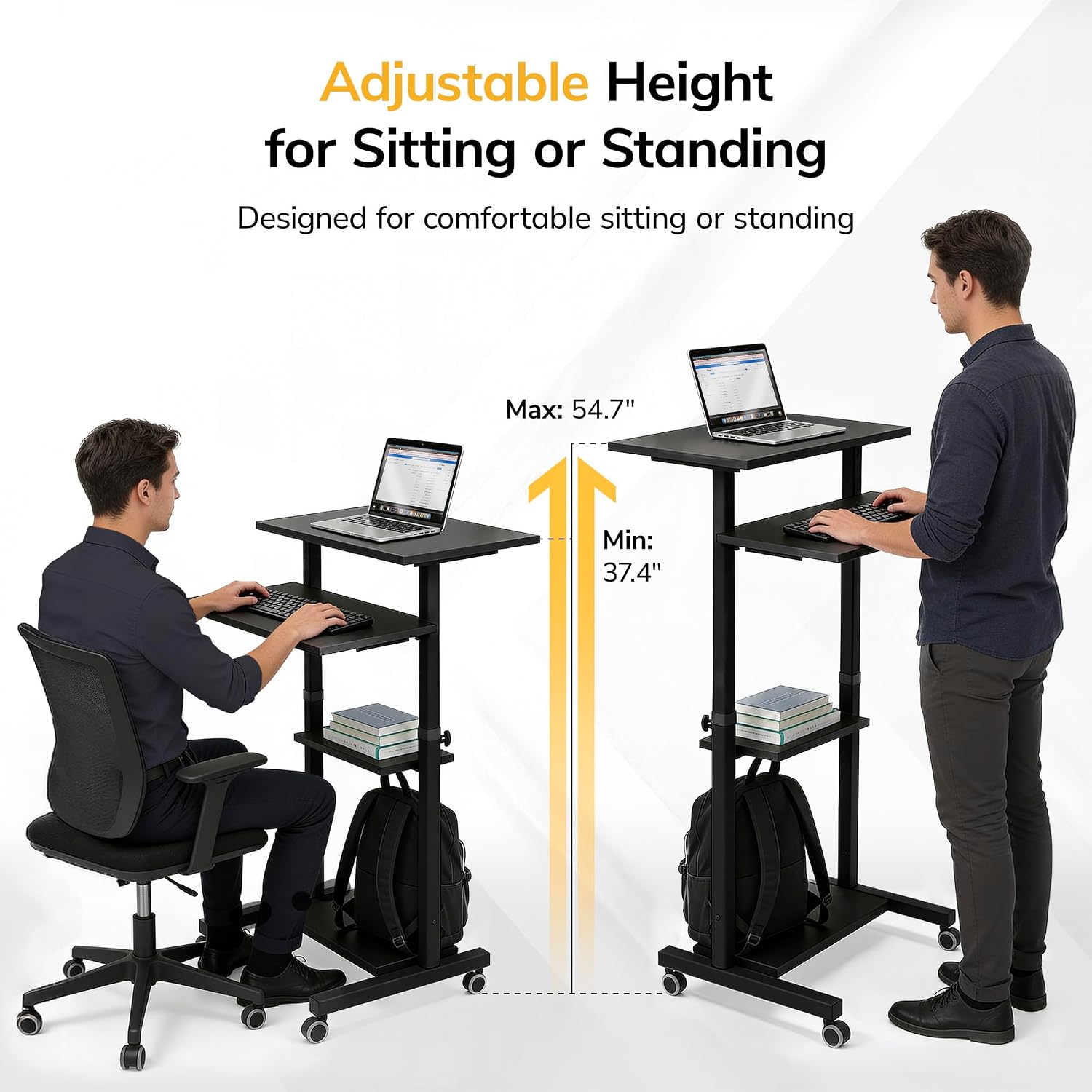 Mount-It! Black Rolling Standing Desk, Adjustable Height up to 54.7', Portable Laptop Podium Desk on Wheels, Mobile Computer Workstation with 4 Shelves 27.5' Wide, Cart for Home Office or Classroom