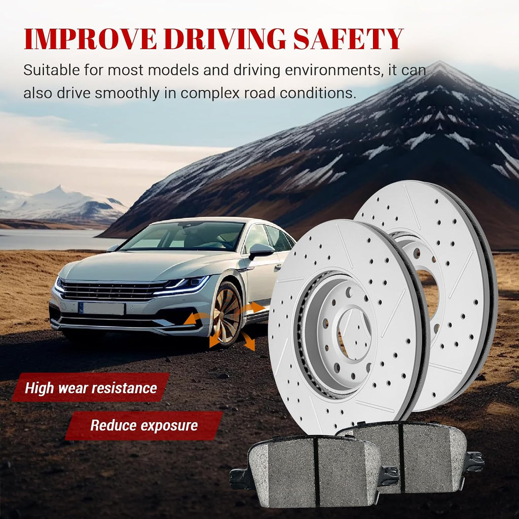 Front & Rear Drilled Slotted Rotors and Ceramic Disc Brake Pads Kit for Chevy Malibu 2016 2017 2018 2019 With Manual Parking Brake