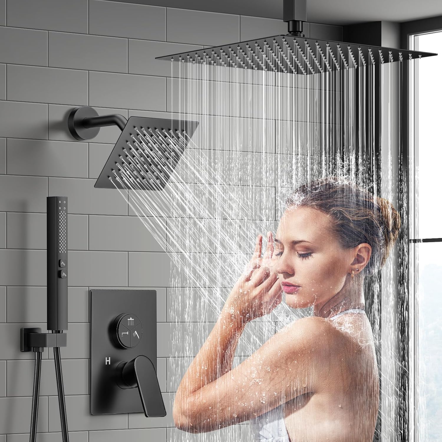 Shower Faucet Set, 3-Setting Push Button Matte Black Shower System, 12 Inch Ceiling Mounted Shower Head, 6 Inch Wall Mounted Rain Shower Head with 2 in 1 Handheld Spray, Shower Valve Trim Kit