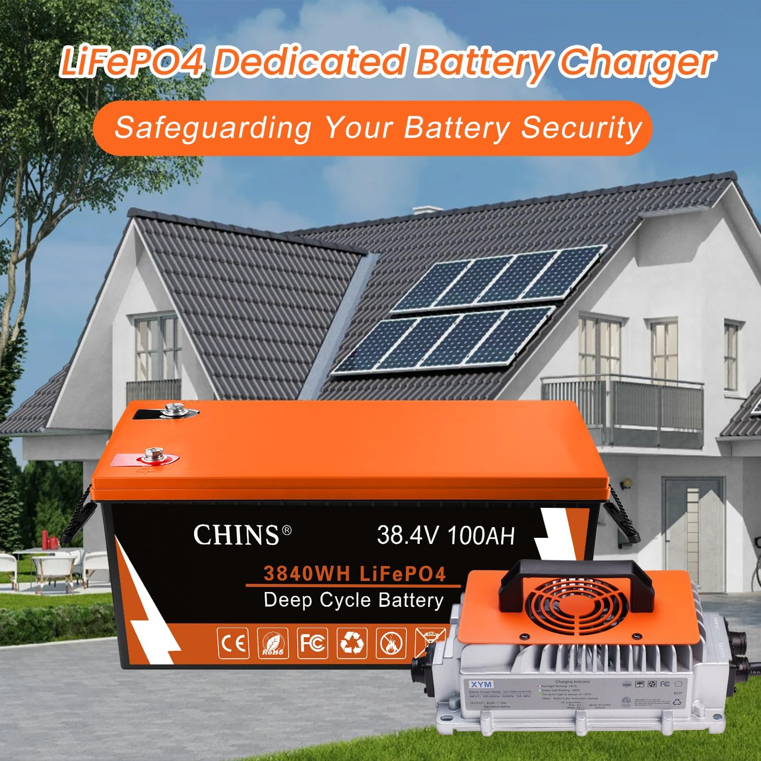 CHINS 36 Volt 100AH Lithium Battery for Golf Cart with 36V 25A Charger, Monitor, Built-in Bluetooth 200A BMS, 36V Golf Cart Battery with 7.68kW Output